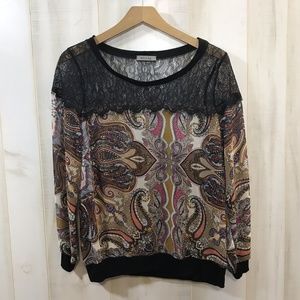 West Kei Black Lace Yoke Paisley Print Top Small